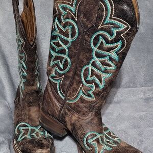 Circle G Brown and Blue Heeled Boots with Intricate Design